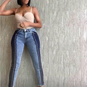 Studded Panel Skinny Jeans | Two-Tone Denim | Statement Style